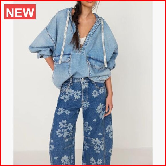 Mid Rise Baggy Barrel Jeans Floral Printed Wide Leg Denim Ankle Pants - Picture 4 of 7